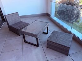 Terrassenmöbel Set - Hocker, Sessel, Tisch - Rattan Anthrazi