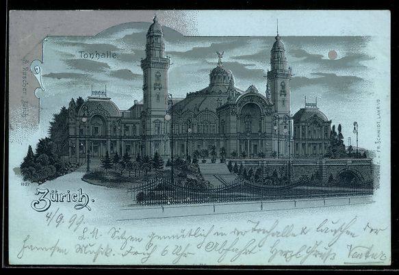 Ansichtskarten: Mondschein-Lithographie Zürich, Tonhall – Gebraucht aus Berlin von bartko-reher