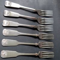 6 Essgabeln Muschel-Dekor, Gero 90, Denmark 1910, L 21cm