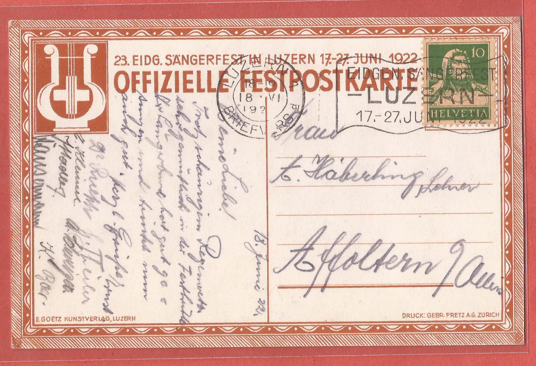 Cartoline postali: Luzern - Eidgenössisches Sängerfest 1922 – Usato da Fislisbach venduto da Porano 1