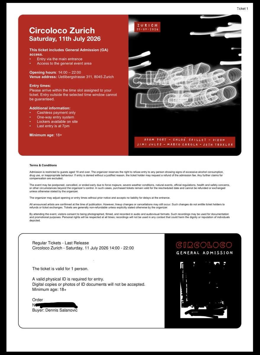 Billets: 2x Tickets Circoloco Zurich GA – Neuf avec emballage d'origine à Schaan par dsalanovic