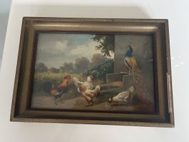 Gemälde Alfred Schönian Hahn und Hennen, Originalrahmen Münc