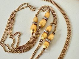 Vintage Longkette vergoldet/satinierte Zierelemente & Strass