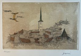 CZINNER Ossi (1925-2014) - Dorf im Mondlicht - Radierung