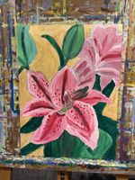 Gemälde Lilien rosa mit grünen Blättern 40x60cm neu