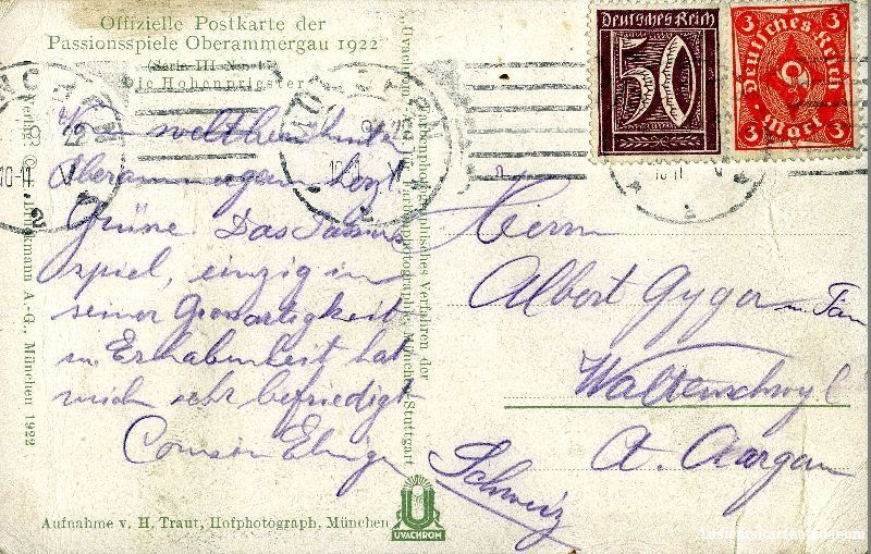 Ansichtskarten: Oberammergau - Festspiele + 1922 – Gebraucht aus Emmenbrücke von teestube 1