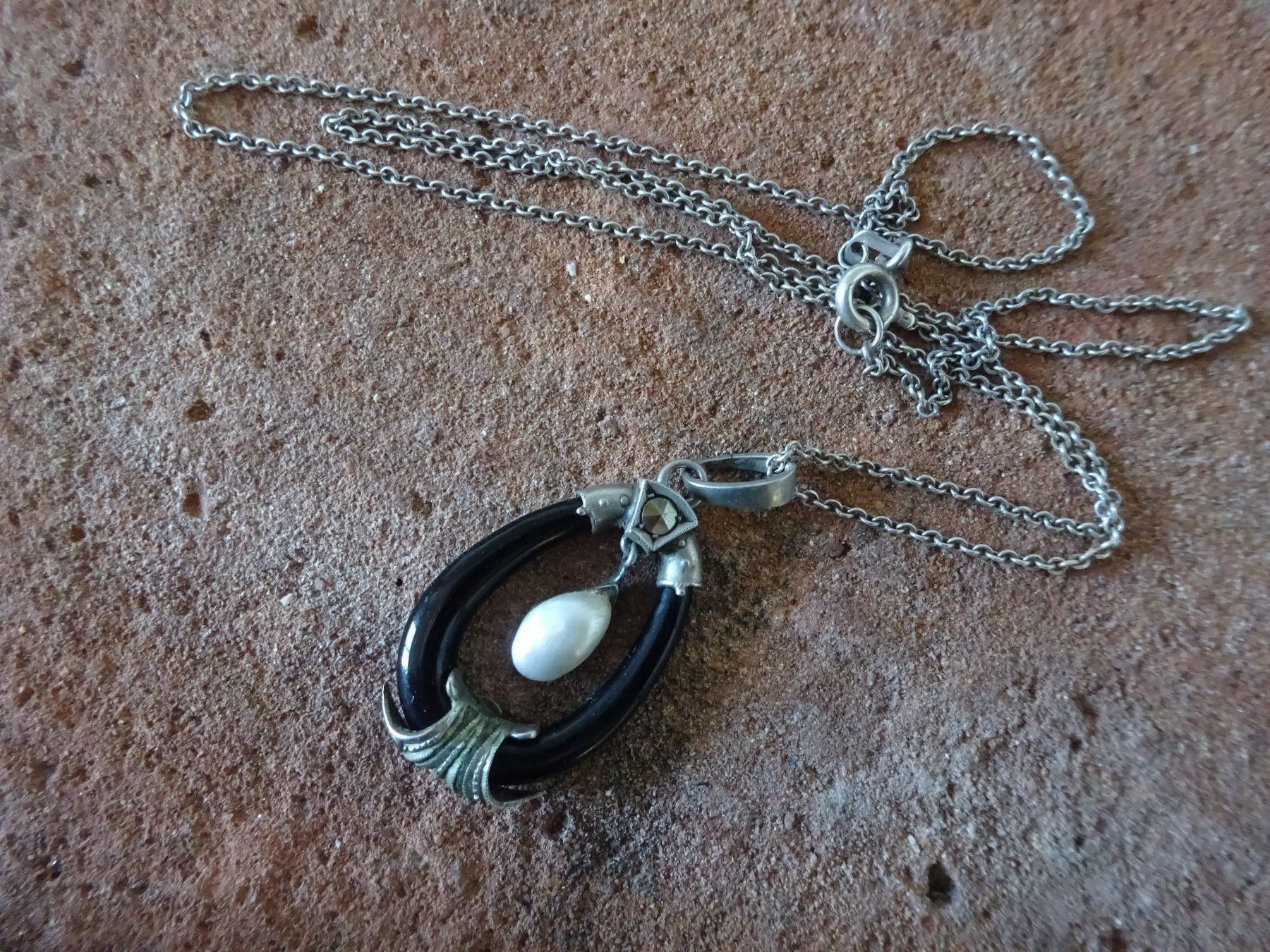 Catenine: Kette Perle Onyx Jugendstil / 835 Silber – Usato da Esslingen venduto da FetteSchnecke 2