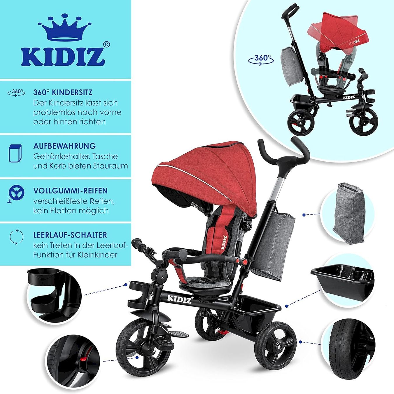 Laufräder: KIDIZ Dreirad 5in1 mit Lenkstange rot – Neu und originalverpackt aus Bottighofen von zaap 2