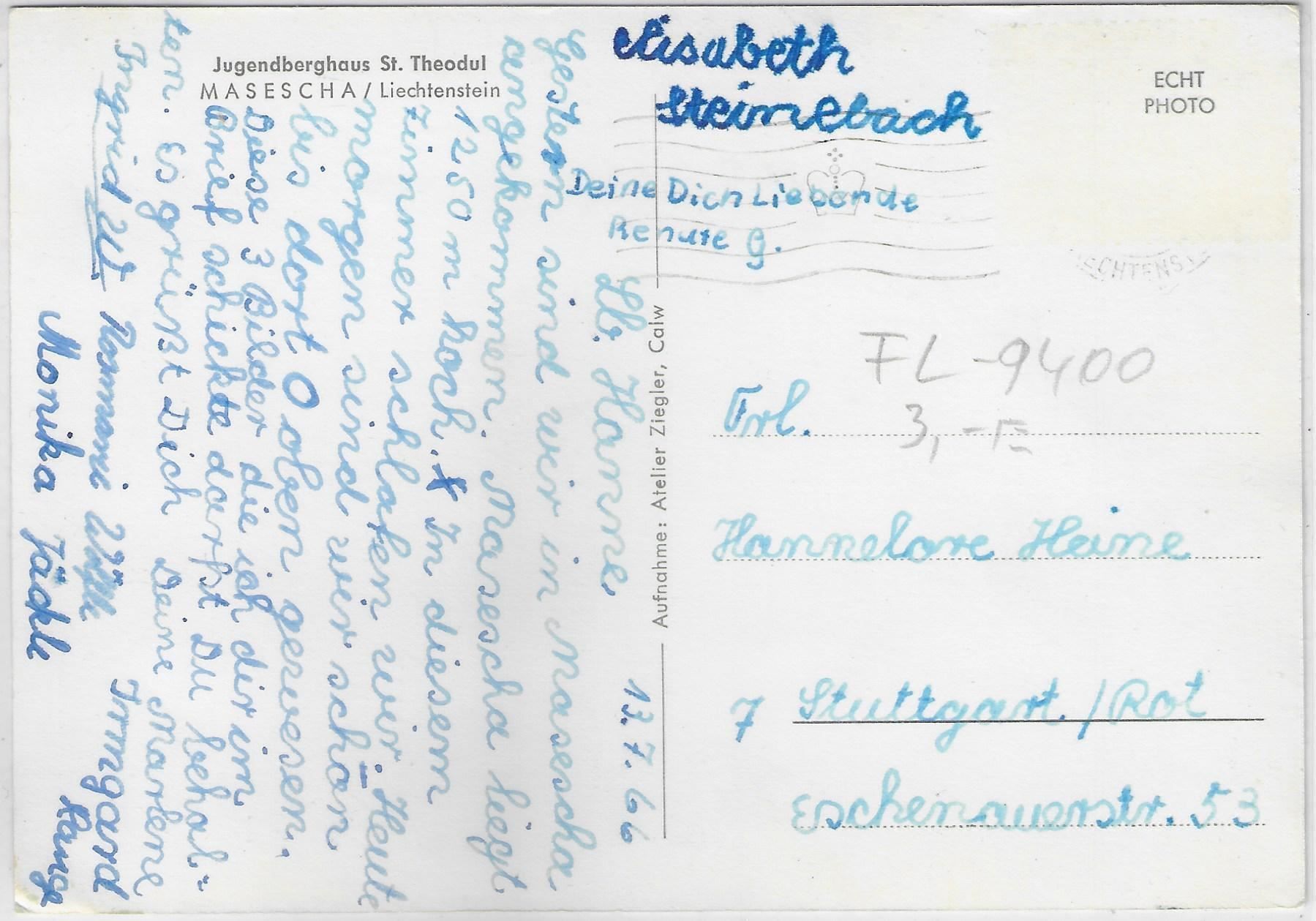 Cartoline postali: Jugendberghaus St. Theodul Masescha FL – Usato da Ettingen venduto da Kartenplanet 1