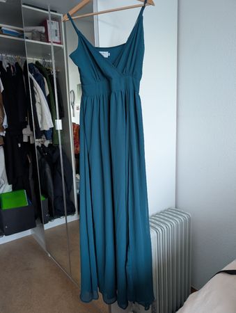 Maxikleid mit Spaghettiträgern, diTara x NA-KD, Petrol, 38