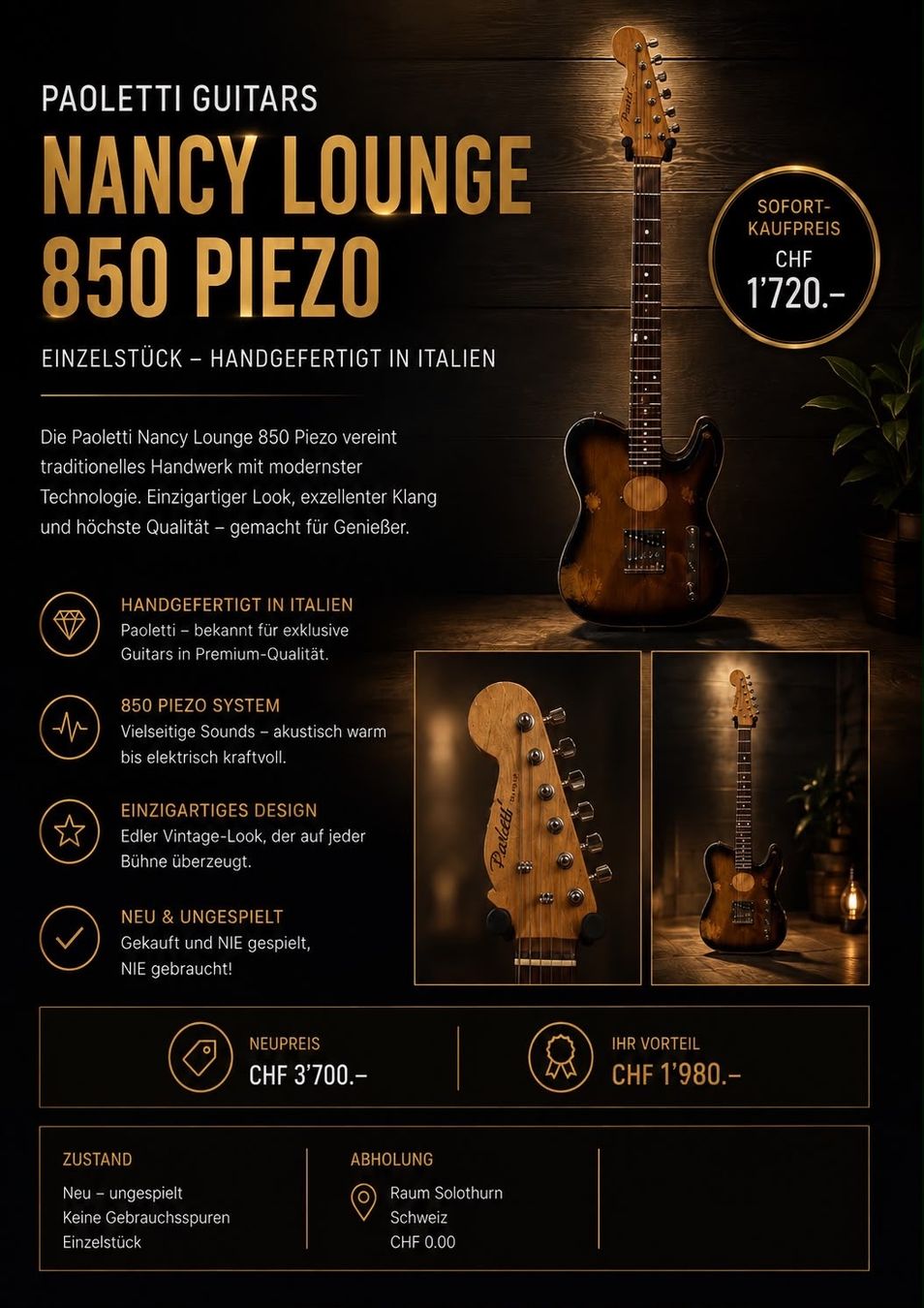 Instruments de musique: Paoletti Guitars Nancy Lounge 850 Piezo – Neuf (Voir description) à Oberbipp par Angel_Queen 3