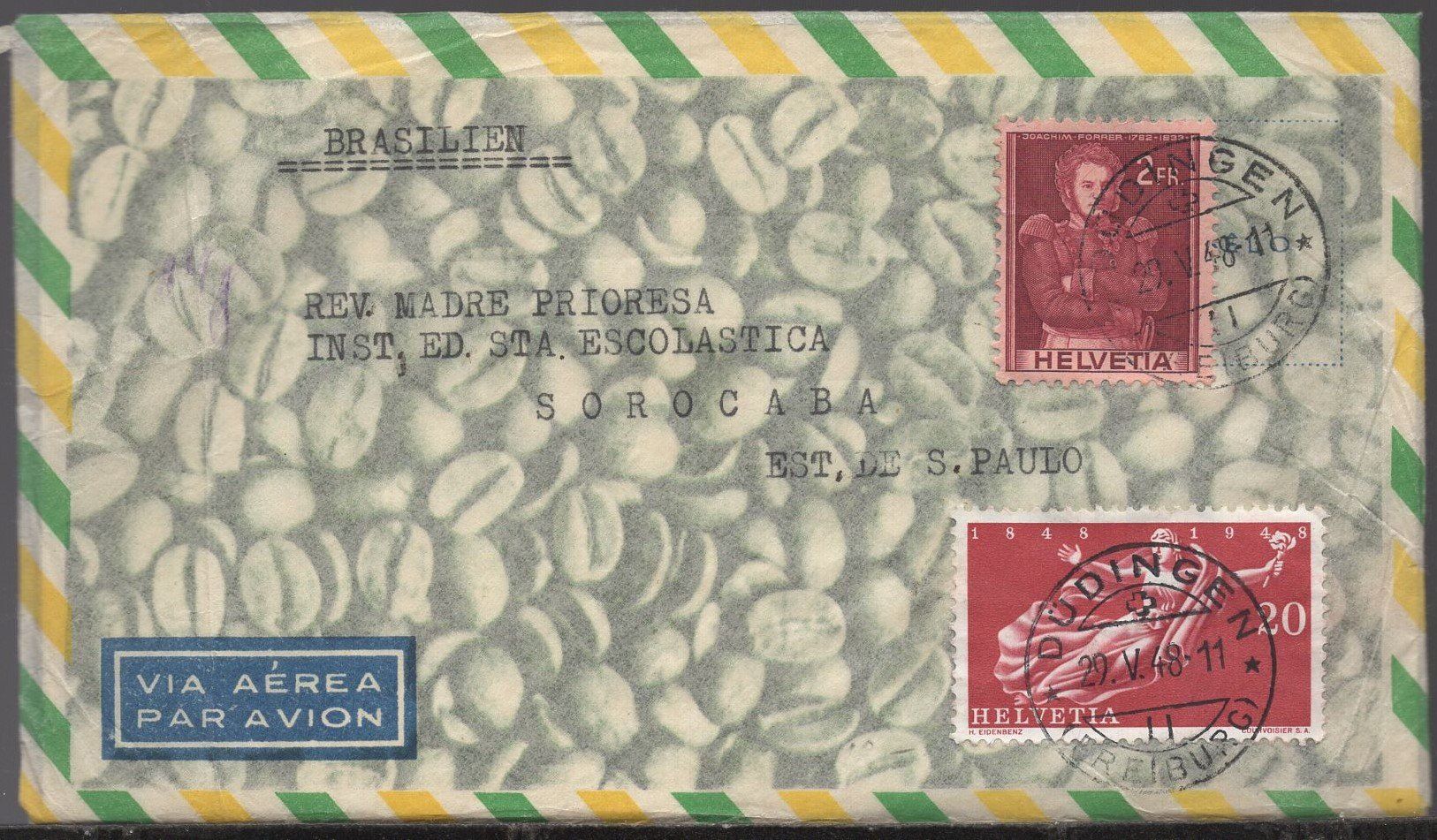 Alle Briefmarken: DÜDINGEN 29.V.49   nach  s. PAULO – Gebraucht aus Aarau von kufi44