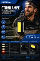 Grundig Stirnlampe verstellbar, 180 Lumen, USB-C, IP44 Neu