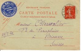 Postkarte Frankreich nach Biel  1920