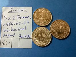 SUISSE : 3 X 2  FRANCS 1964-1965-1967- Très bon état