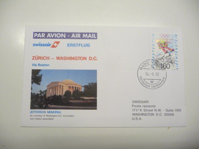 Alle Briefmarken: 1992  Erstflug  Zürich-Washington D.C. /FL – Neu und originalverpackt aus Kloten von zimboida