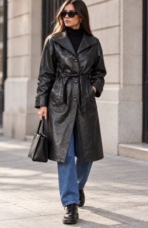 Manteau en cuir vintage noir – style luxe – T. S / petit M
