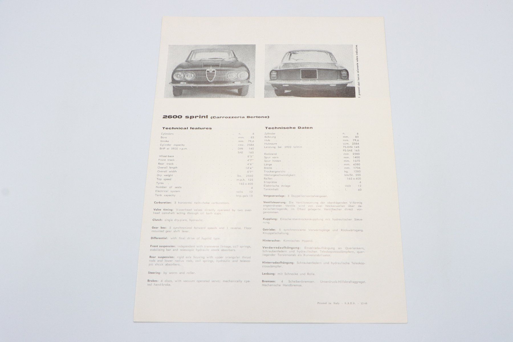 Alfa Romeo Documenti: Alfa Romeo 2000 Sprint Bertone 1964 Prospektblatt – Usato da Bühl b.Aarberg venduto da Collectorpassions 3