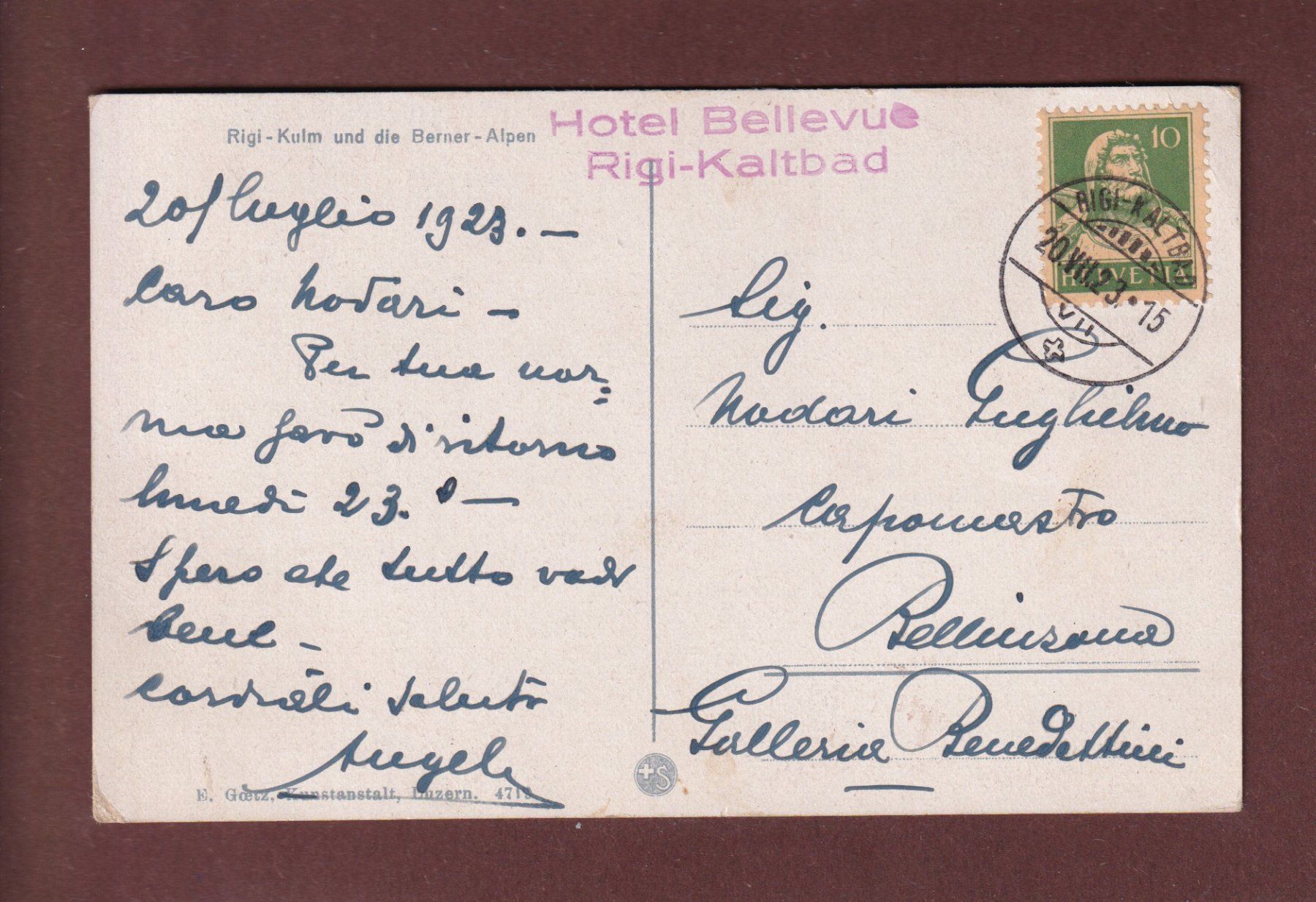 Cartoline postali: RIGI-KULM - Berner Alpen - 1923 – Usato da Pully venduto da nicecards-shop 1