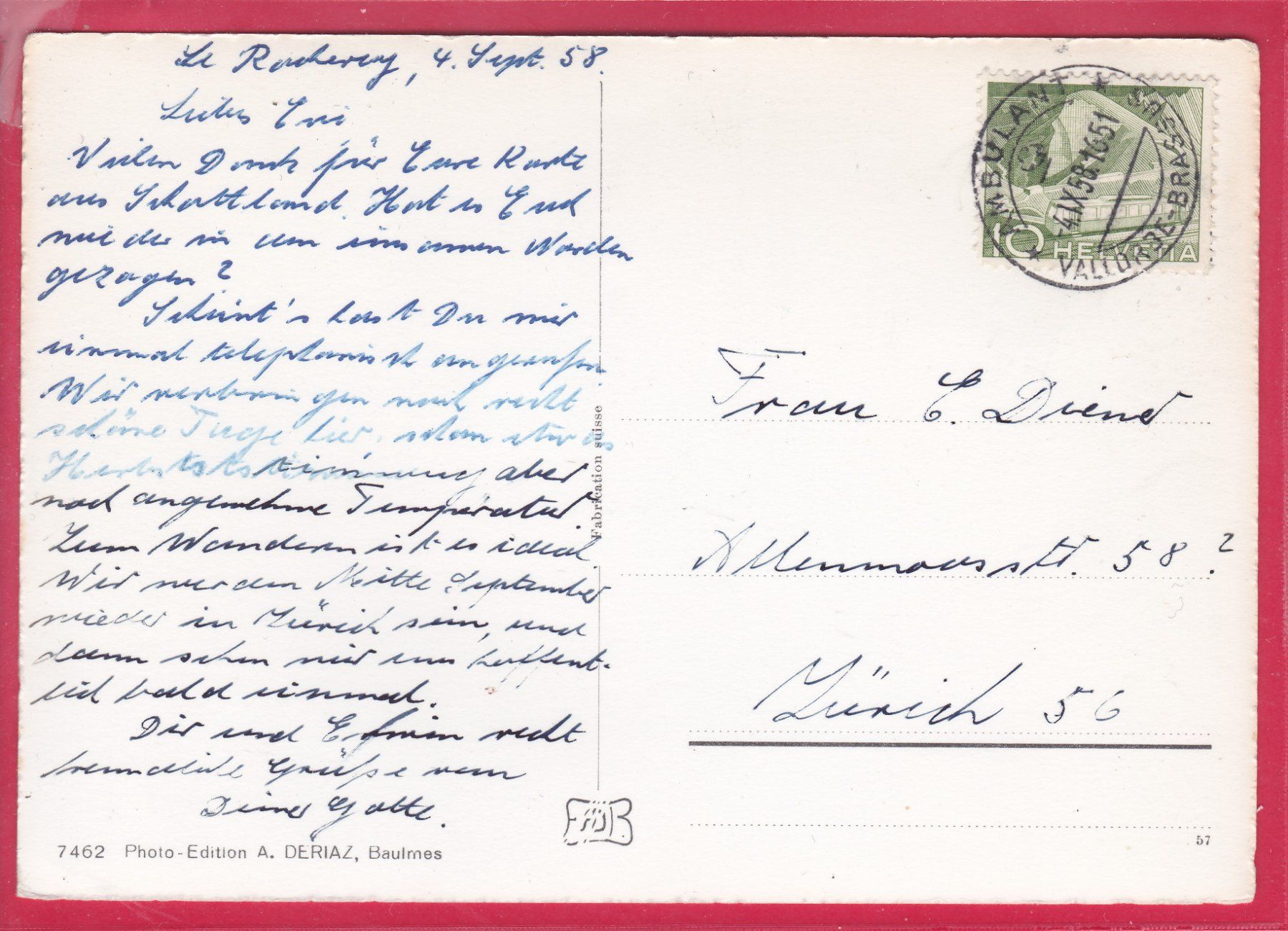 Cartoline postali: LE SENTIER, VALLÉE DE JOUX, 4.9.1958 – Usato da Oberrieden venduto da Gebirgsstelze 1