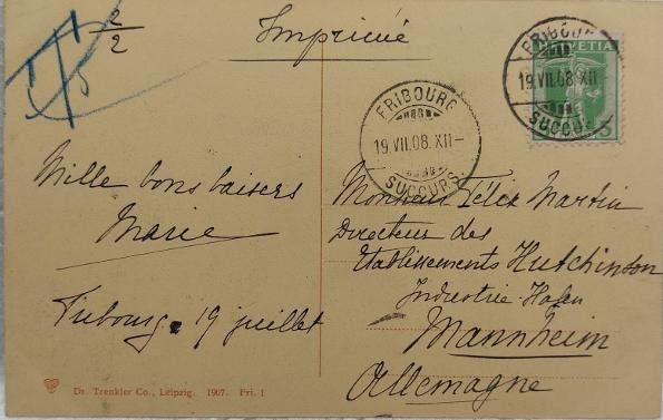 Cartoline postali: FRIBOURG - Pont suspendu - 1908 – Usato da Delémont venduto da Domdom1 1