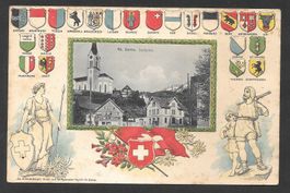 Gams Dorfplatz Prägekarte mit Wappen Tell Helvetia