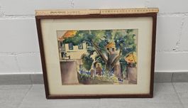 Aquarell Südländisches Dorfbild, gerahmt