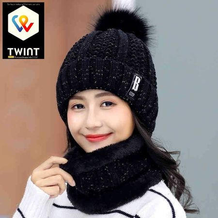 📌 Winter Mütze mit POMPON & Schal schwarz