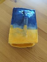 Butterdose Keramik blau gelb mit Griff gut erhalten homemade