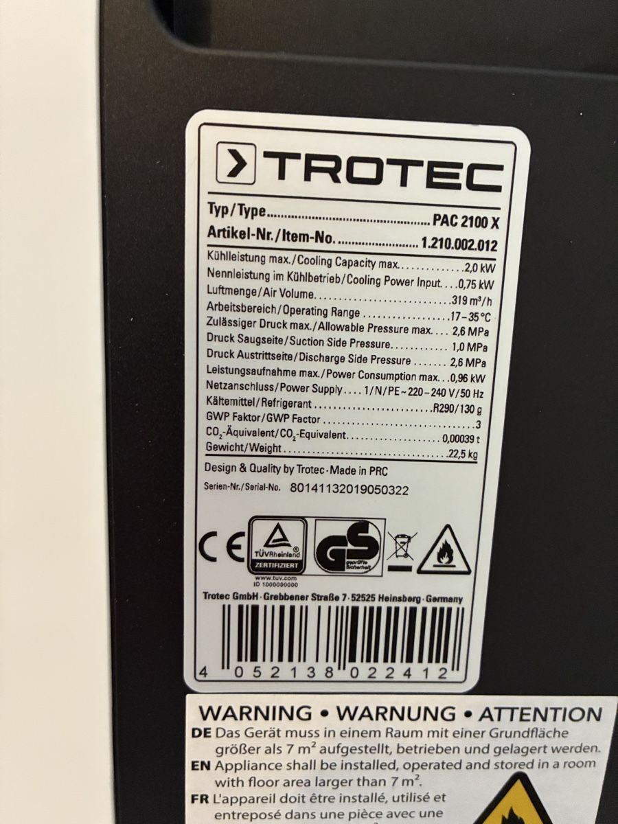 Trotec Condizionatori: Klimaanlage Trotec PAC 2100 X Mobiles Klima Gerät – Usato da Rüthi (Rheintal) venduto da Mandalorianer 3