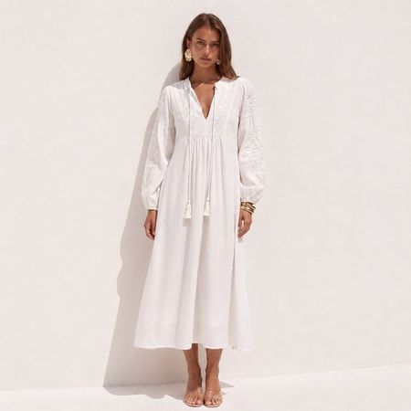 Zara Woman Boho Midikleid Weiss Stickerei – Grösse S