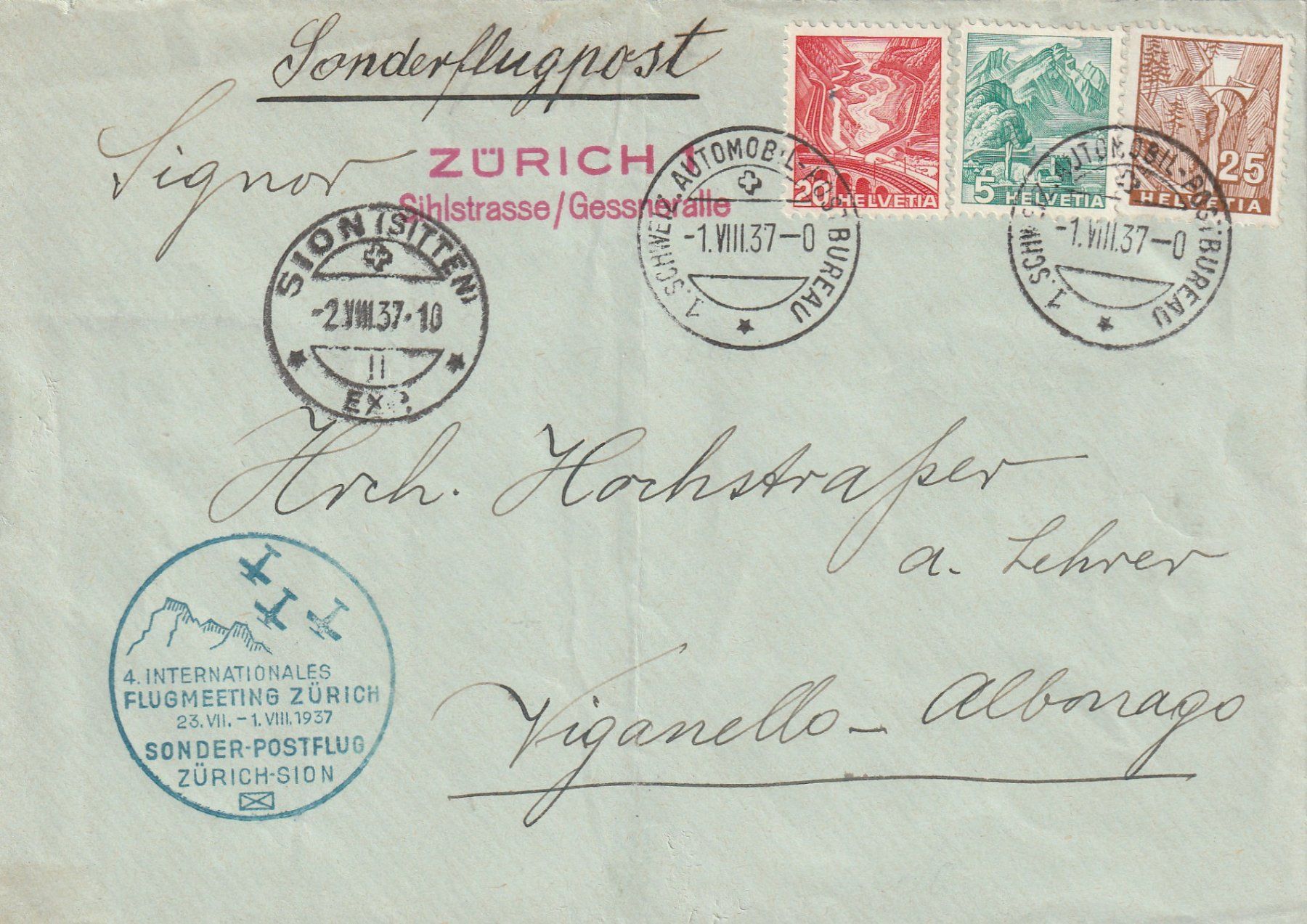 Tutti i francobolli: Flugpost Zürich Sion 1937 – Usato da Rorschacherberg venduto da fratovi2