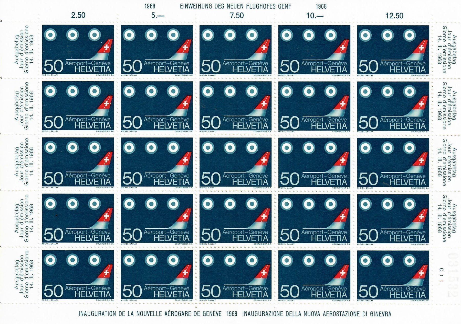 Tutti i francobolli: Briefmarken Bogen Aéroport Genève 1968 – Nuovo e nell'imballaggio originale da Humlikon venduto da GX30