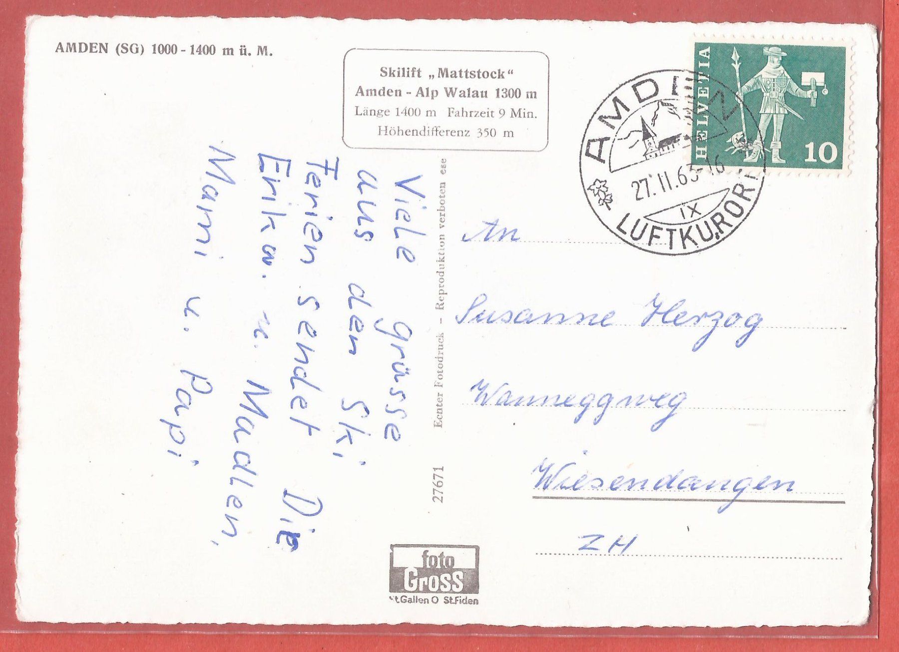 Cartoline postali: Amden - Skilift Mattstock - 1963 gestempelt – Usato da Fislisbach venduto da Porano 1