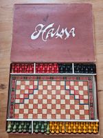antikes Halma Spiel ca. 1890 mit Holzfiguren, guter Zustand