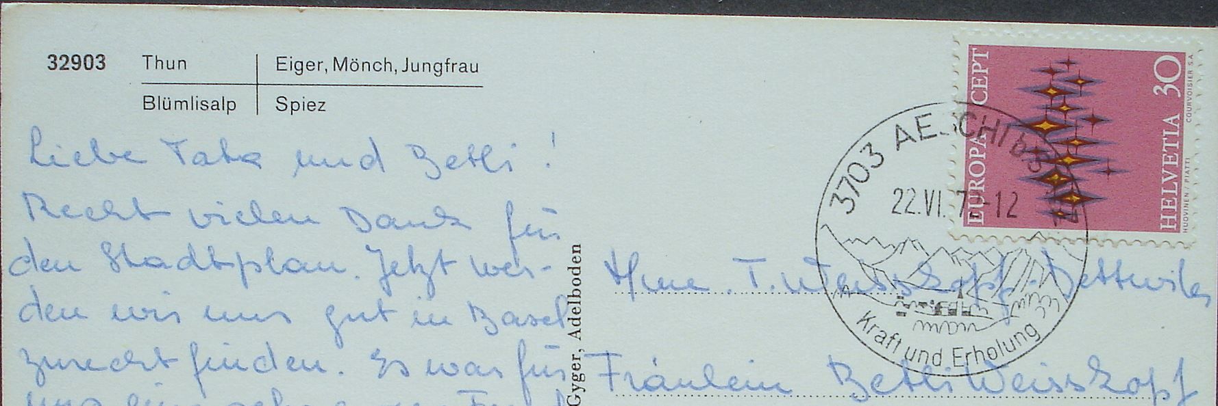 Ansichtskarten: THUN Eiger Mönch SPIEZ Schiff Thunersee – Gebraucht aus Jona von philajona 1