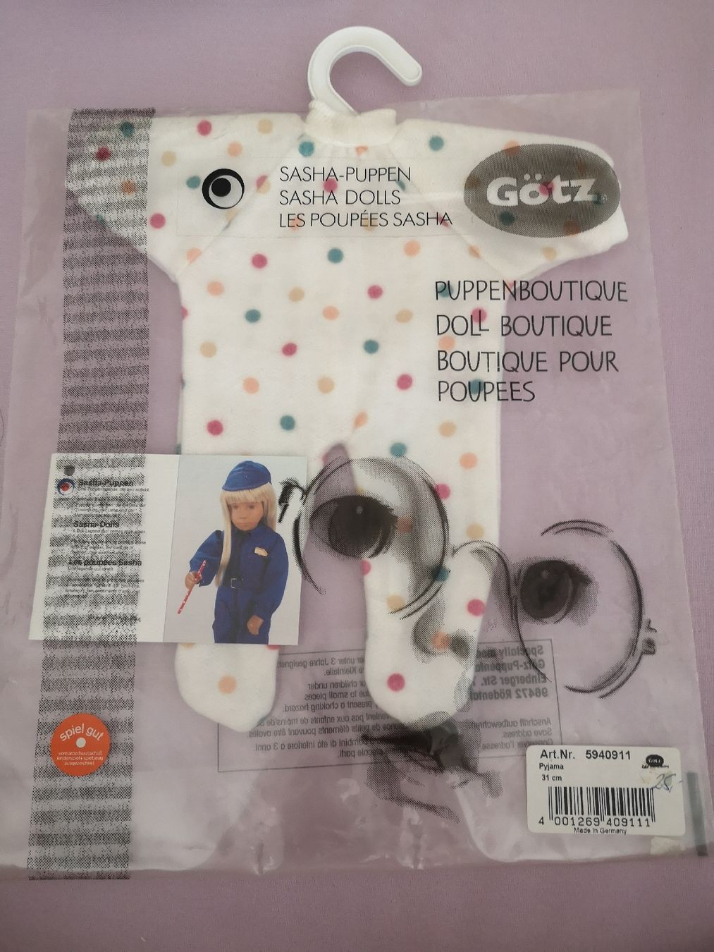 Götz Bambole: SASHA BÉBÉ GÖTZ PUPPE PYJAMA – Nuovo e nell'imballaggio originale da MUEHLEBERG venduto da Cocolinette