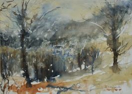 R.J. Marques? Dorf in Gebirgslandschaft, Aquarell