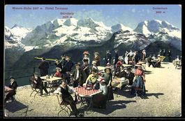 AK Niesen-Kulm, Gäste auf der Hotel-Terrasse, Blick auf Blüm