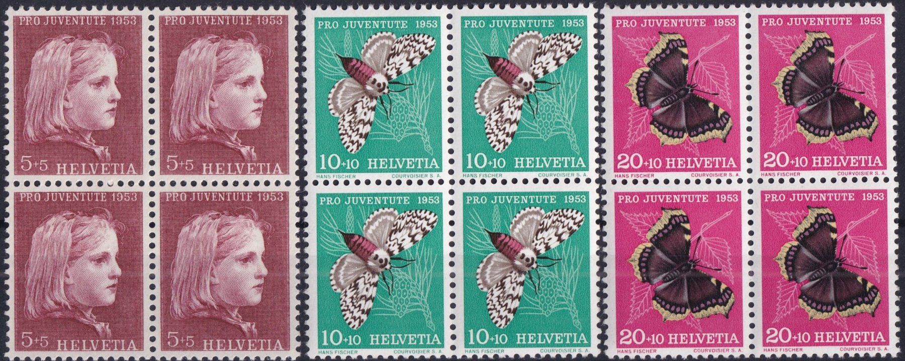 Alle Briefmarken: 1953, J148-152 im Viererblock ** postfrisch, Kat: 60.-+ – Gebraucht aus Sursee von Luzernerraute 1