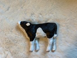 Handgeschnitzes Kalb, Kuh, Holz, Schwarz-Weiss, Krippe