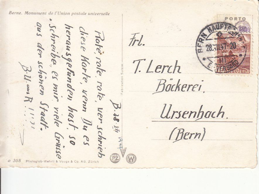 Cartoline postali: Bern Weltpostdenkmal 1947 – Usato da Bürglen TG venduto da StampGraf 1