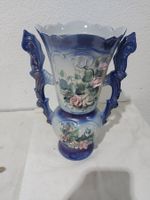 Blaue Blumenvase mit Rosenmuster, Vintage Look