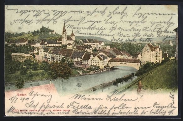 Cartoline postali: AK Baden, Ortsansicht über den Fluss – Usato da Berlin venduto da bartko-reher