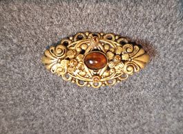 Brosche antik Vintage oval verziert mit Stein goldfarben