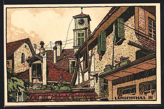 Cartoline postali: Steindruck-AK Langenthal, Häuser mit Uh – Usato da Berlin venduto da bartko-reher