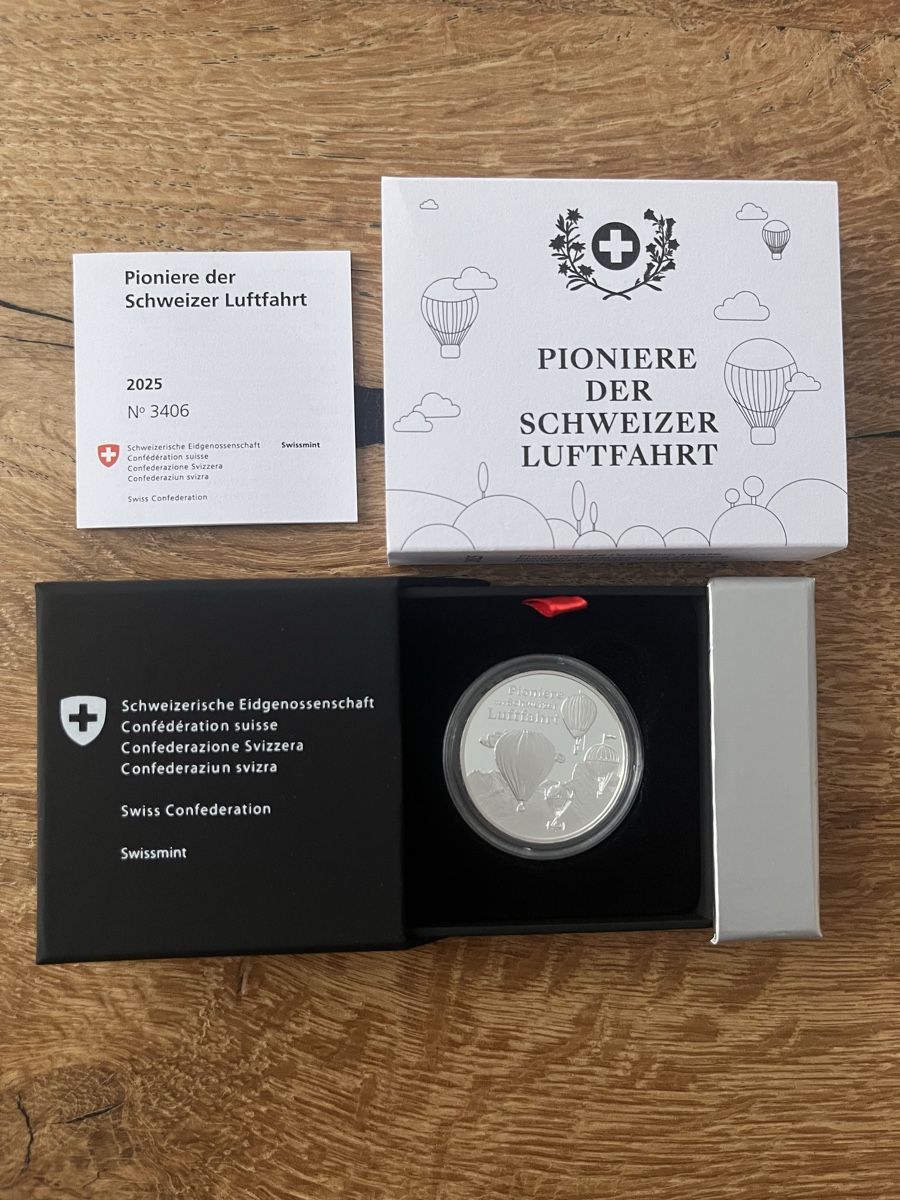 Tutti le monete: Münze "Pioniere der Schweizer Luftfahrt" Silber 2025 Proof – Nuovo e nell'imballaggio originale da Wolhusen venduto da Sss06 1