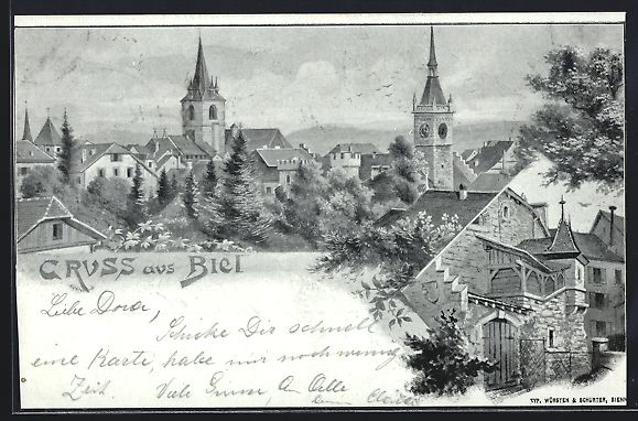 Cartoline postali: AK Biel, Ortsansicht mit Kirche, 1899 – Usato da Berlin venduto da bartko-reher