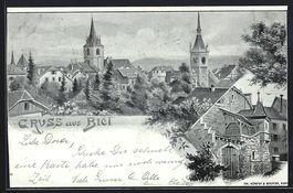 AK Biel, Ortsansicht mit Kirche, 1899