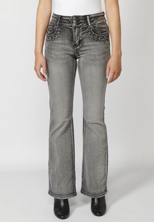 Damen Jeans Koroshi grau mit Stickerei Gr. 38 Bootcut Shape